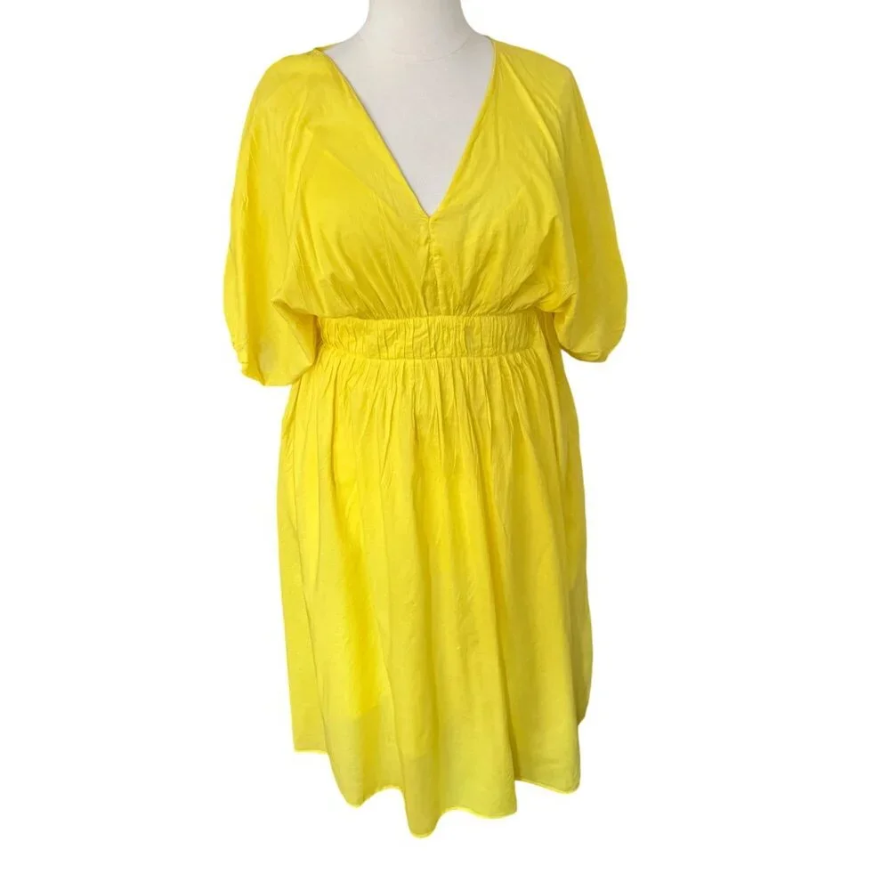 Banana Republic Size XL Yellow Lemon Candy Voile Elbow Sleeve V-Neck Midi Dress - Picture 2 of 16